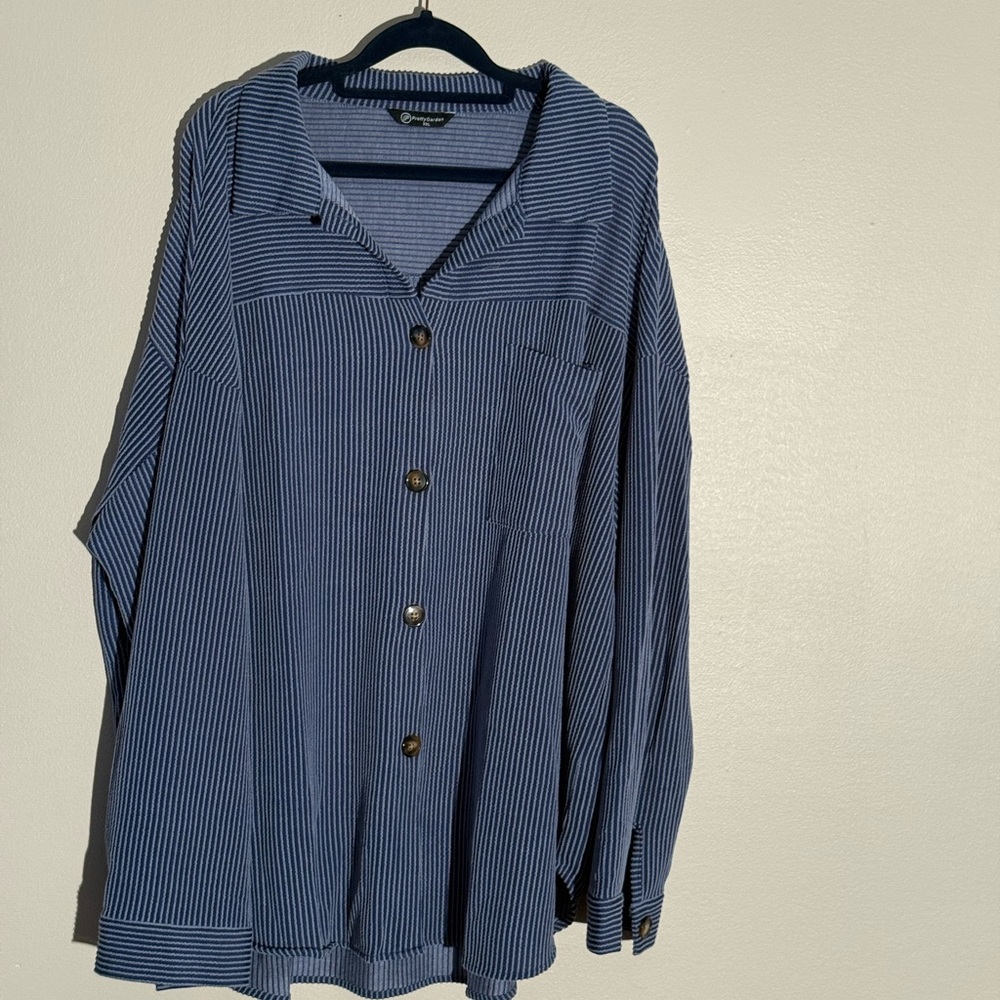 Women’s  Striped /Ribbed Button-Up Shirt- Navy Blue